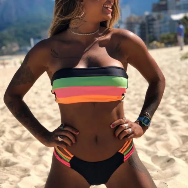 Striped Tube Top Bikini Set