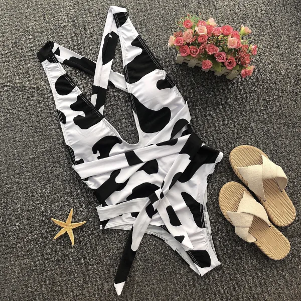 Monochrome Print Deep V-Neck Bikini