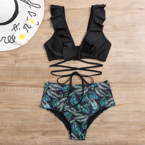 Lotus Leaf High-Waist Bikini Set
