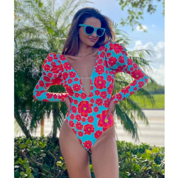 Floral Mesh V-Neck One-Piece Swimsuit