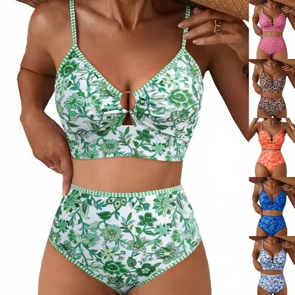 High-Waist Bikini Set with Floral and Graphic Prints