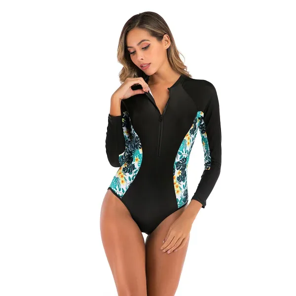 Short Sleeve Zip-Front One-Piece Swimsuit