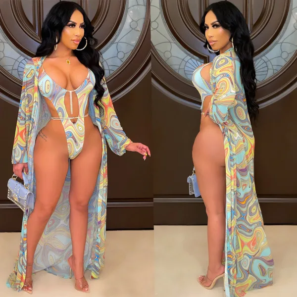 Azure Print Two-Piece Long Sleeve Bikini Set