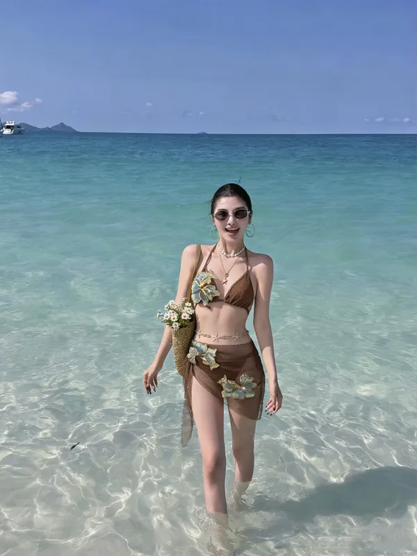 Lace-Up Bikini Set with Coordinating Skirt