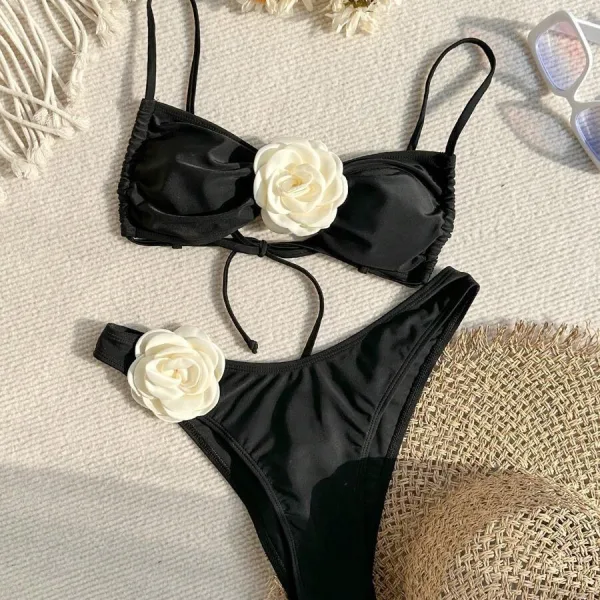 Floral Appliqué Bikini Set with High-Cut Bottoms