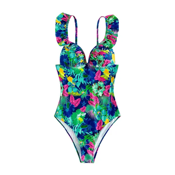 Floral Ruffled Backless One-Piece Swimsuit