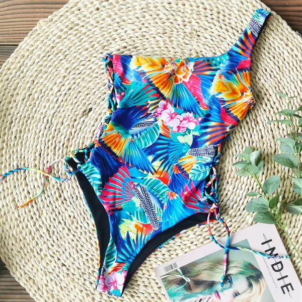 One-Shoulder Floral Print One-Piece Swimsuit