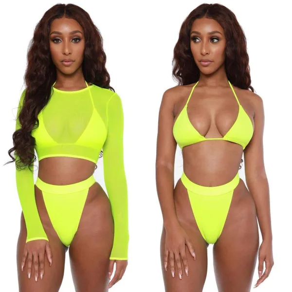 Neon Long-Sleeve Three-Piece Bikini Set