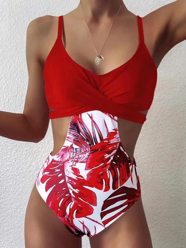 Leaf Print Short Sleeve One-Piece Swimsuit