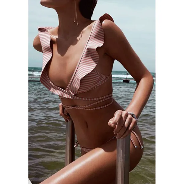 Stripe Print Bandage Bikini Set