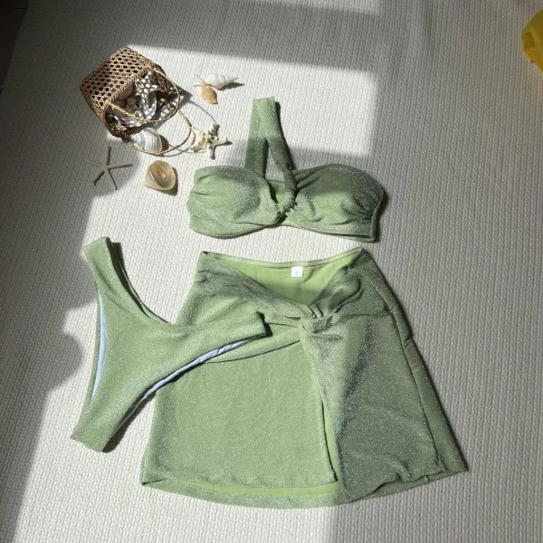 One-Shoulder Three-Piece Bikini Set with Matching Skirt